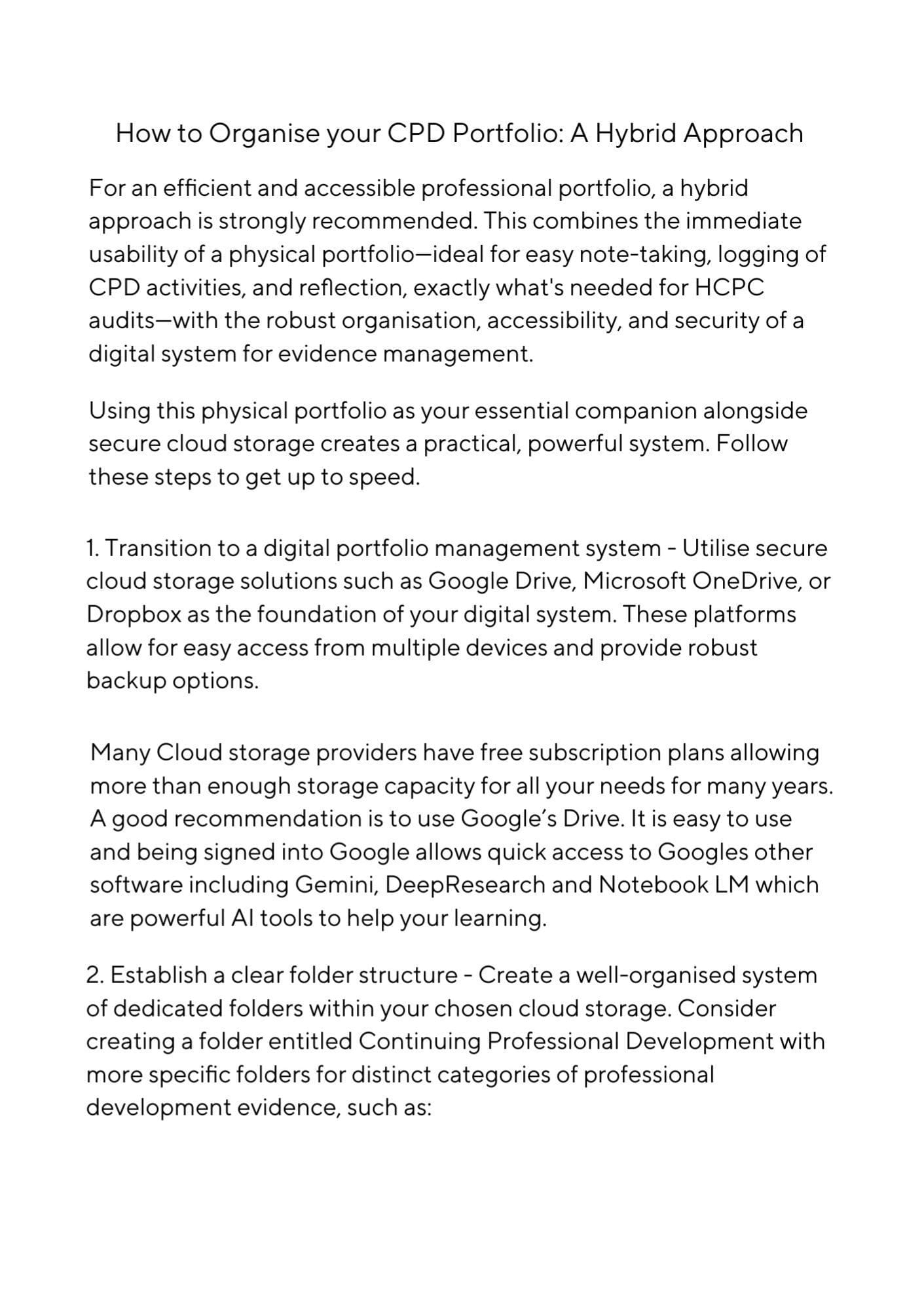 Writing from a page in the guidance for how to use the CPD portfolio. A full page of writing about how to set up a digital system to store documents.