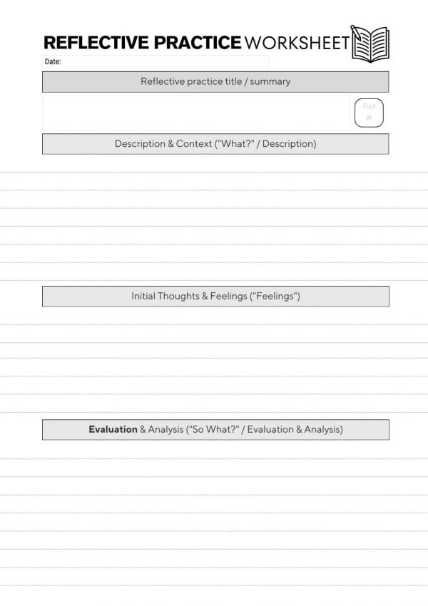 10 RP activity single 1 page 1 of 2 of the reflective piece worksheet from the CPD Portfolio. Titled at the top, has 3 sections with prompts in box to mark each section.