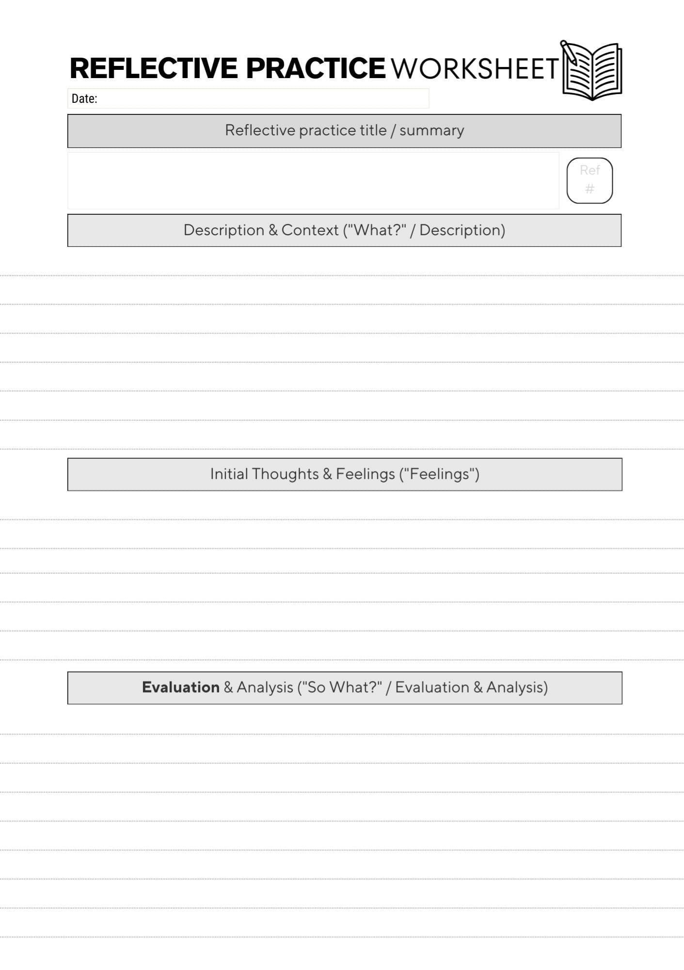 page 1 of 2 of the reflective piece worksheet from the CPD Portfolio. Titled at the top, has 3 sections with prompts in box to mark each section.