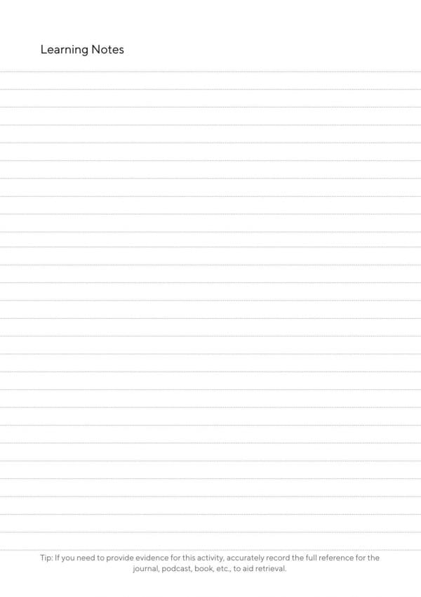 12 learning notes single jpg learning notes page from the CPD Portfolio. Titled at the top and is line ruled to the bottom