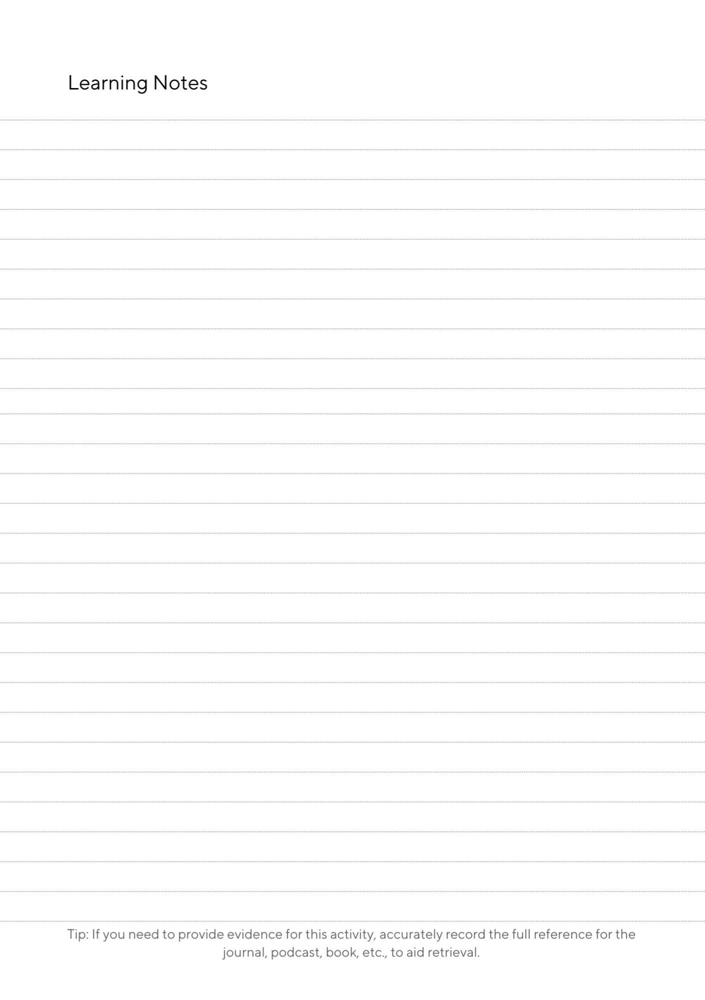 learning notes page from the CPD Portfolio. Titled at the top and is line ruled to the bottom