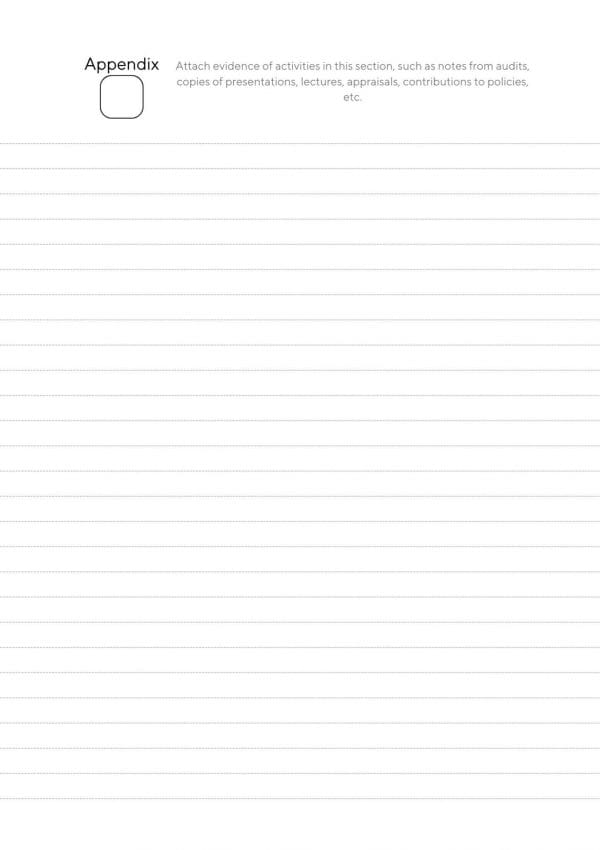 13 appendix single jpg appendix page from the CPD Portfolio. Titled at the top and is line ruled to the bottom