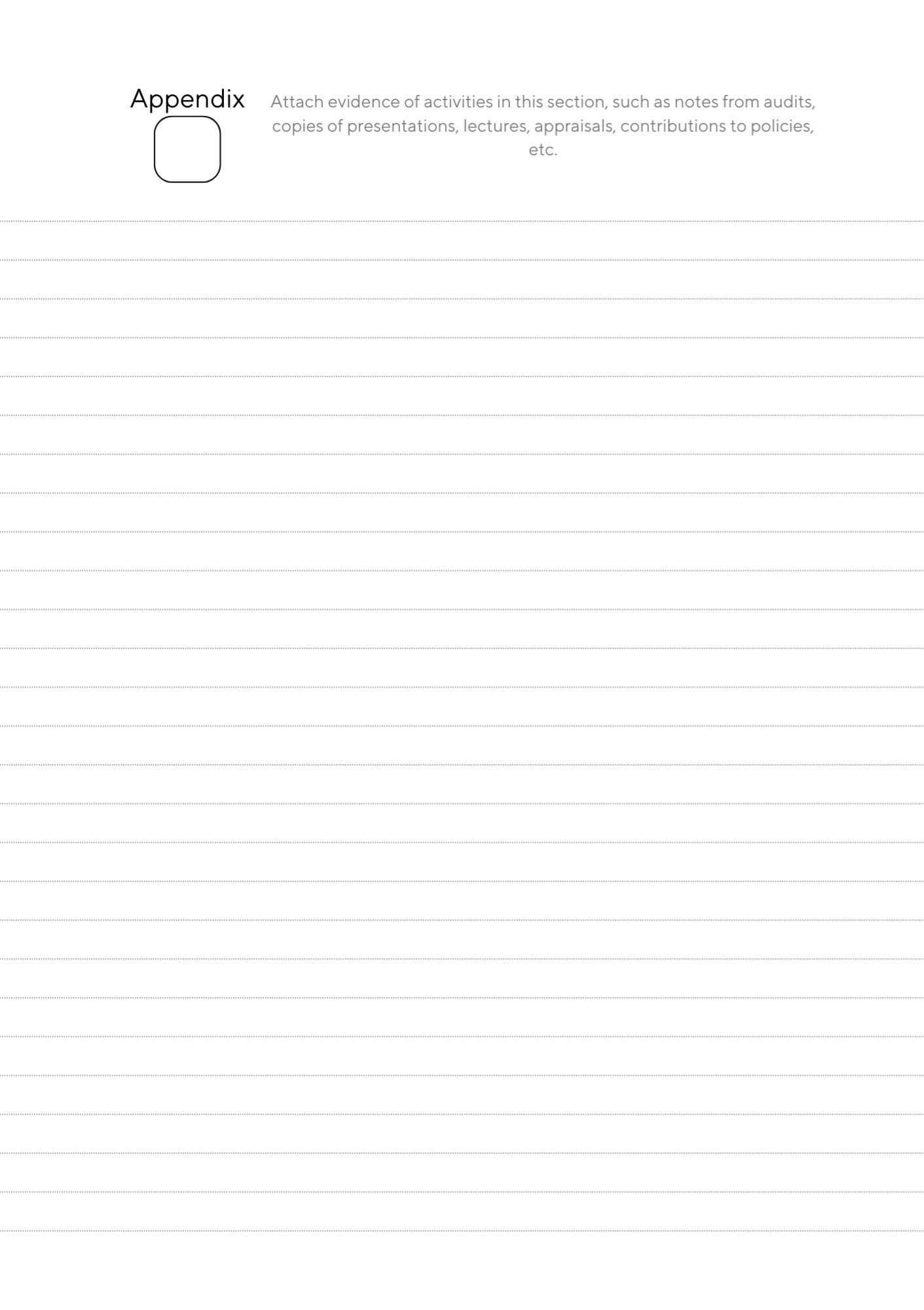appendix page from the CPD Portfolio. Titled at the top and is line ruled to the bottom