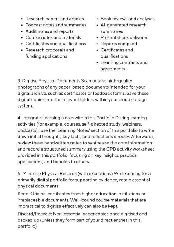 2 intro single 2 Writing from a page in the guidance for how to use the CPD portfolio. A full page of writing about how to set up a digital system to store documents.