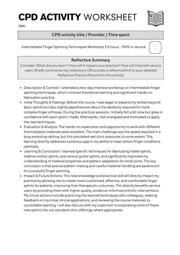 3 mock answer single 1 Page 1 of 2 of the CPD activity worksheet with mock answers. Has 2 prompts for answers which are fully filled in with an answer from a specific scenario.