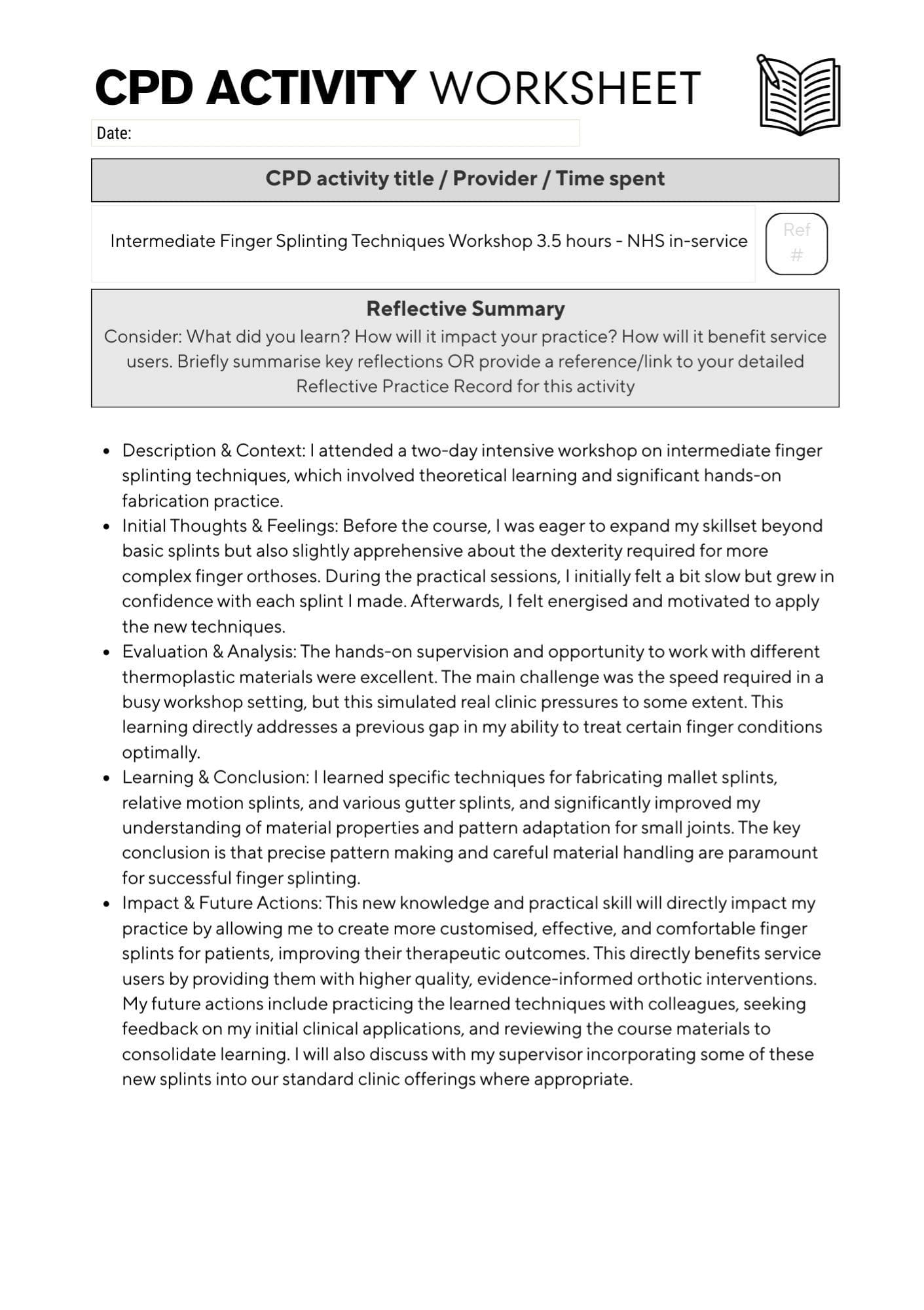 Page 1 of 2 of the CPD activity worksheet with mock answers. Has 2 prompts for answers which are fully filled in with an answer from a specific scenario.