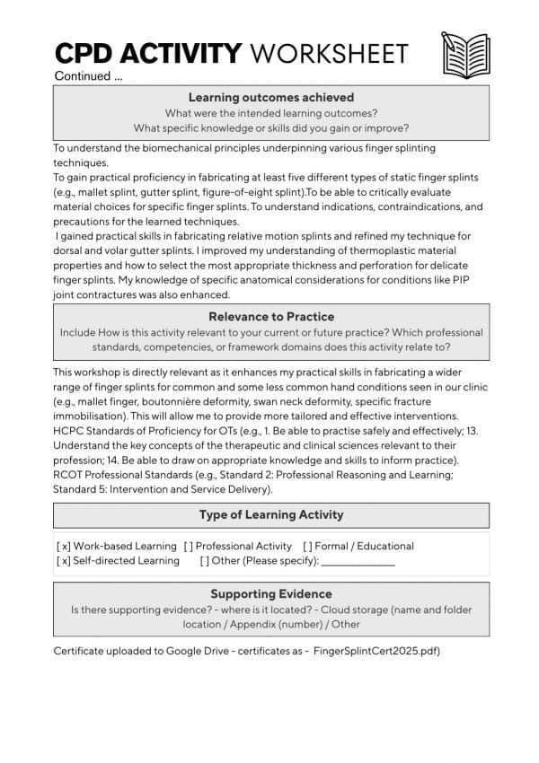 4 mock answer single 2 Page 2 of 2 of the CPD activity worksheet with mock answers. Has 4 prompts for answers which are fully filled in with an answer from a specific scenario.