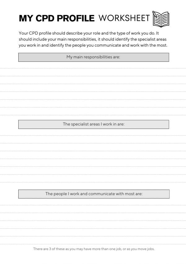 5 cpd profile single jpg page 1 of 1 of the CPD profile worksheet from the CPD Portfolio. Titled at the top, has 3 sections with prompts in box to mark each section.