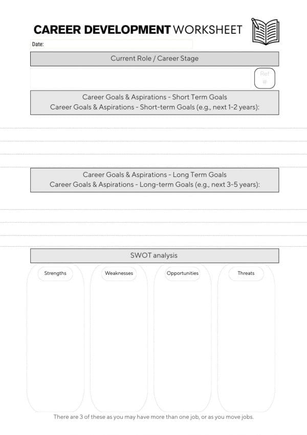 6 career dev single jpg page 1 of 1 of the career development worksheet from the CPD Portfolio. Titled at the top, has 4 sections with prompts in box to mark each section.