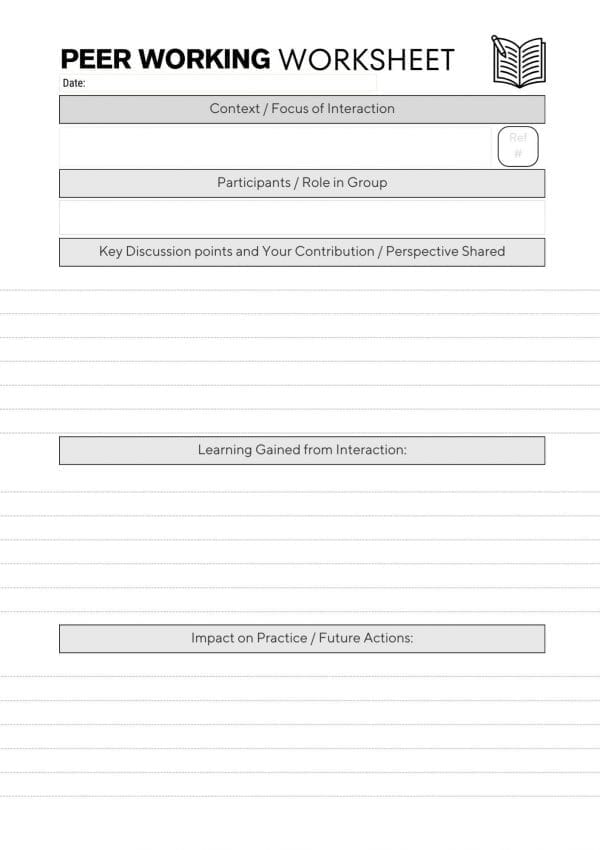 7 peer working single jpg page1 of 1 of the peer working worksheet from the CPD Portfolio. Titled at the top, has 5 sections with prompts in box to mark each section.