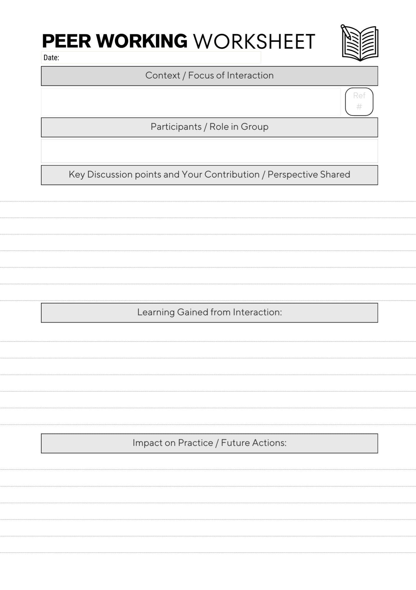 page1 of 1 of the peer working worksheet from the CPD Portfolio. Titled at the top, has 5 sections with prompts in box to mark each section.