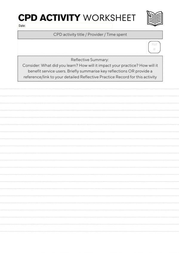 8 cpd activity single 1 page 1 of 2 of the CPD activity worksheet from the CPD Portfolio. Titled at the top, has 2 sections with prompts in box to mark each section.