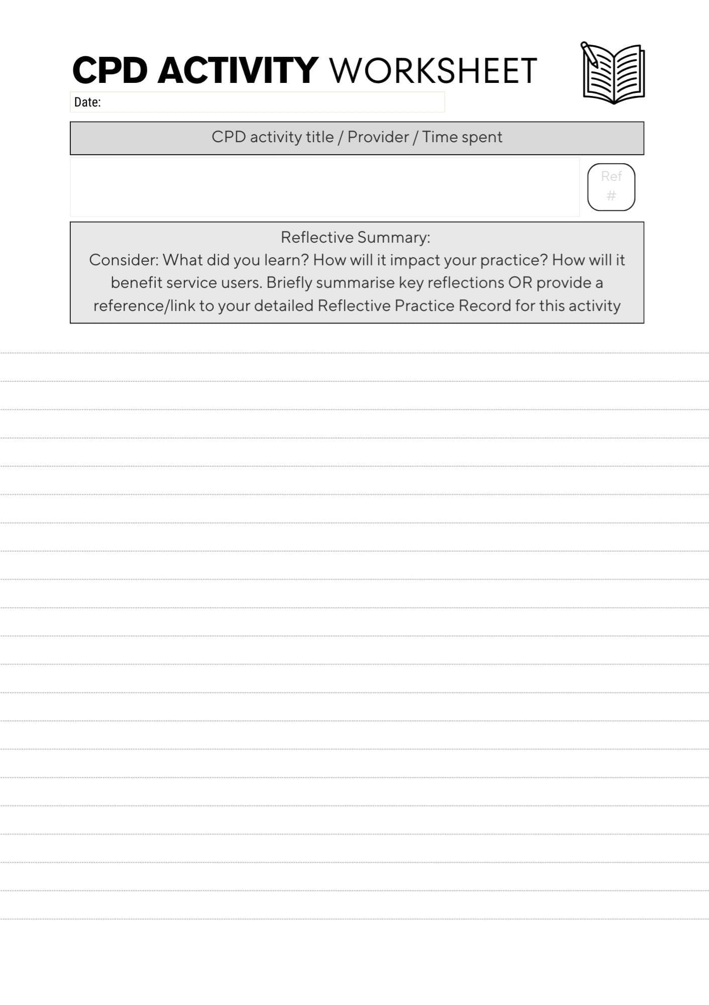page 1 of 2 of the CPD activity worksheet from the CPD Portfolio. Titled at the top, has 2 sections with prompts in box to mark each section.