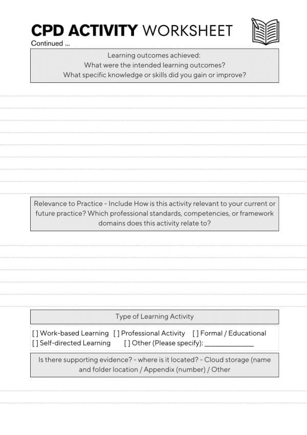 9 cpd activity single 2 page 2 of 2 of the CPD activity worksheet from the CPD Portfolio. Titled at the top, has 3 sections with prompts in box to mark each section.