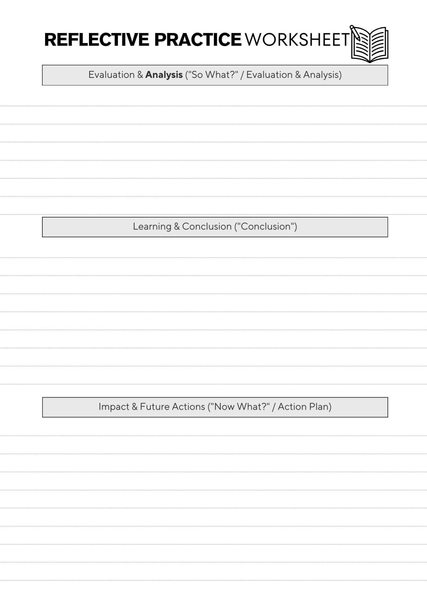 page 2 of 2 of the reflective piece worksheet from the CPD Portfolio. Titled at the top, has 3 sections with prompts in box to mark each section.