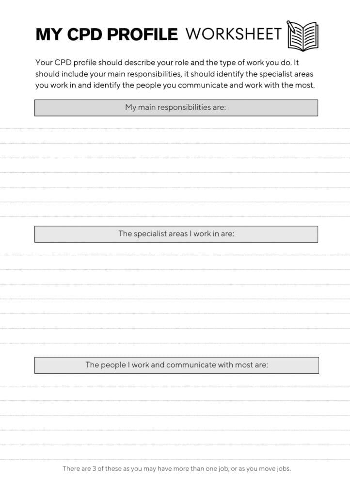 page 1 of 1 of the CPD profile worksheet from the CPD Portfolio. Titled at the top, has 3 sections with prompts in box to mark each section.