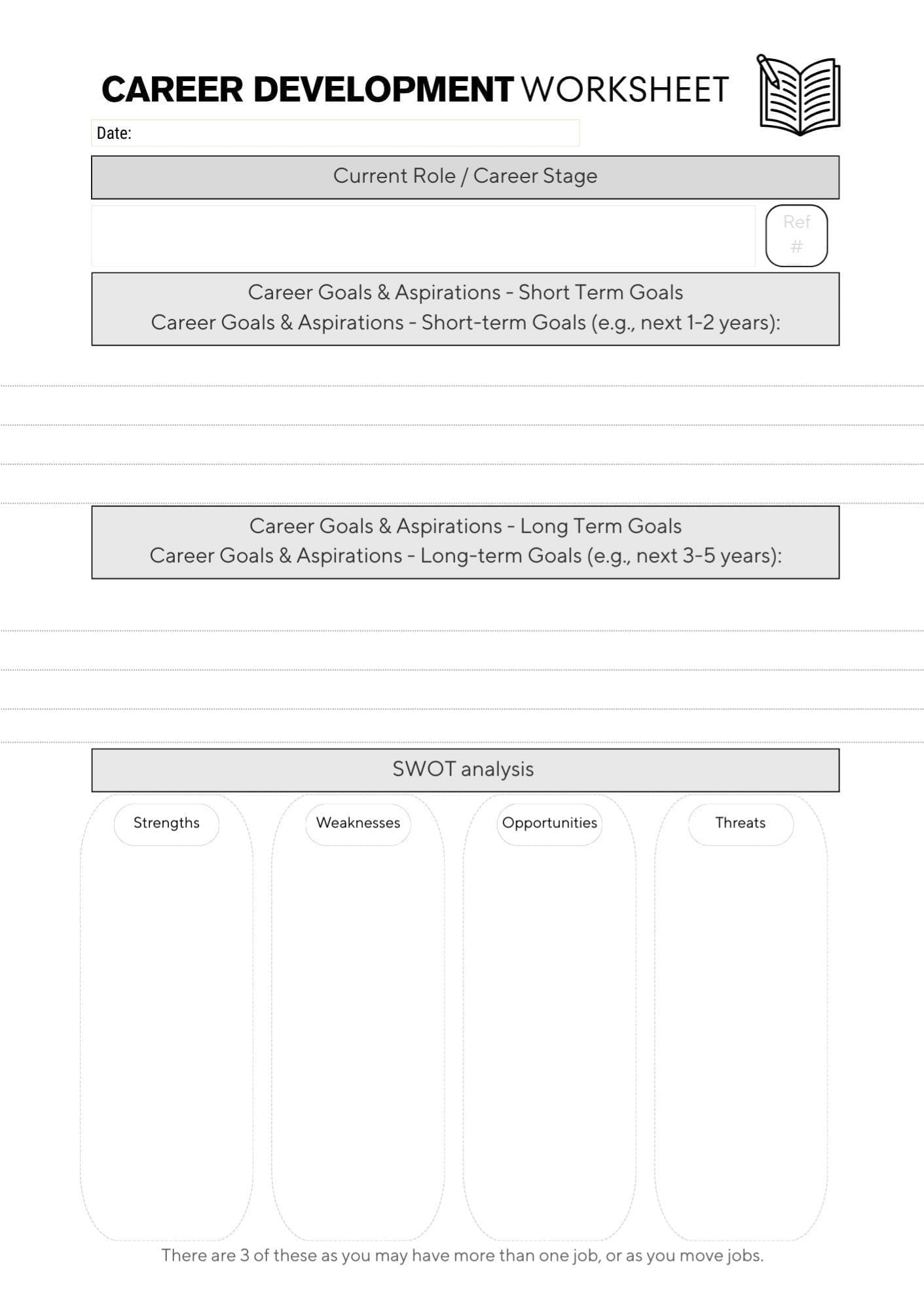 page 1 of 1 of the career development worksheet from the CPD Portfolio. Titled at the top, has 4 sections with prompts in box to mark each section.