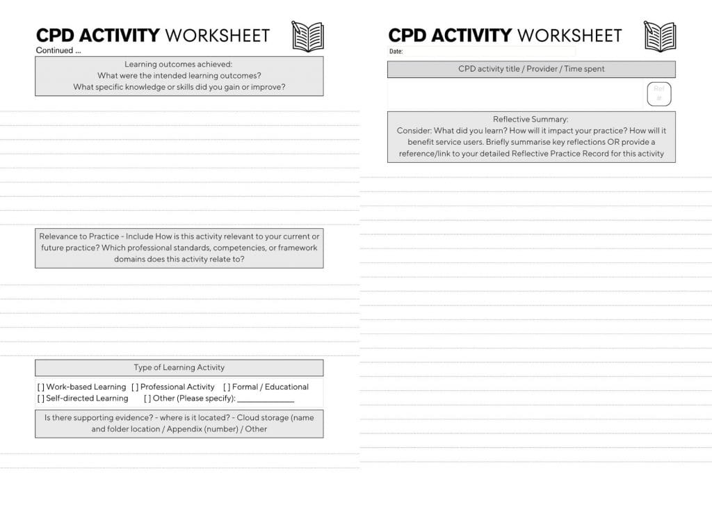 CPD activity worksheet in full with the 2 pages next to each other. Each side has a title at the top of the worksheet followed below by sections and prompts.