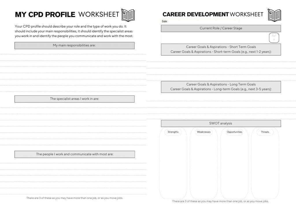 CPD profile page and the career development page next to each other. Each side has a title at the top of the worksheet followed below by sections and prompts.