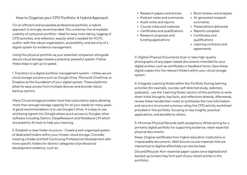 Writing from 2 pages of the guidance for how to use the CPD portfolio. Side by side full pages of writing about how to set up a digital system to store documents.