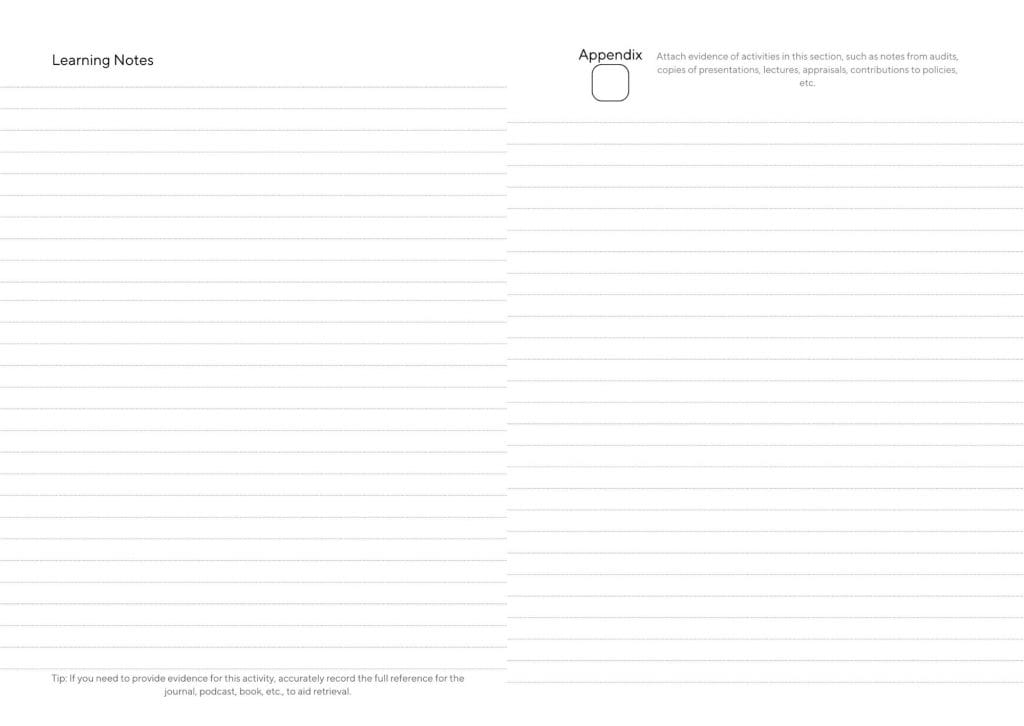 learning notes page and the appendix page from the CPD Portfolio next to each other. Titled at the top and is line ruled to the bottom