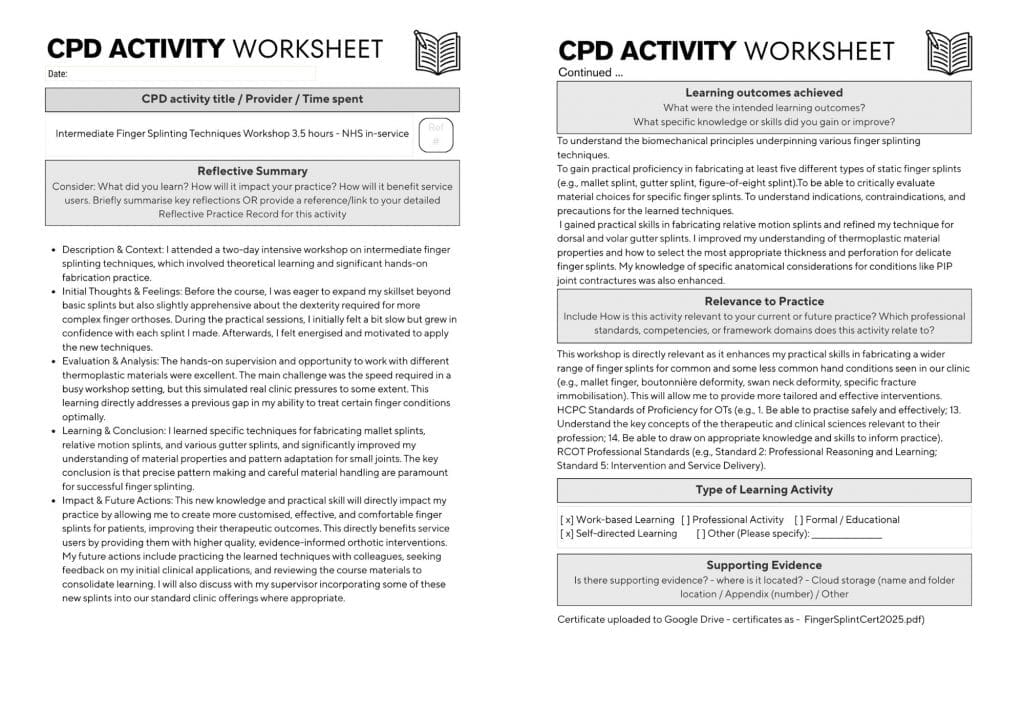 2 pages of the completed CPD activity worksheet with mock answers worksheet side by side. in Each side has a title at the top of the worksheet followed below by sections and prompts fully completed.
