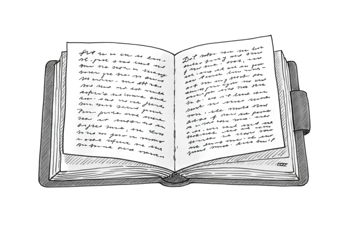 A simple sketch of a notebook opening up, showing detailed writings inside.