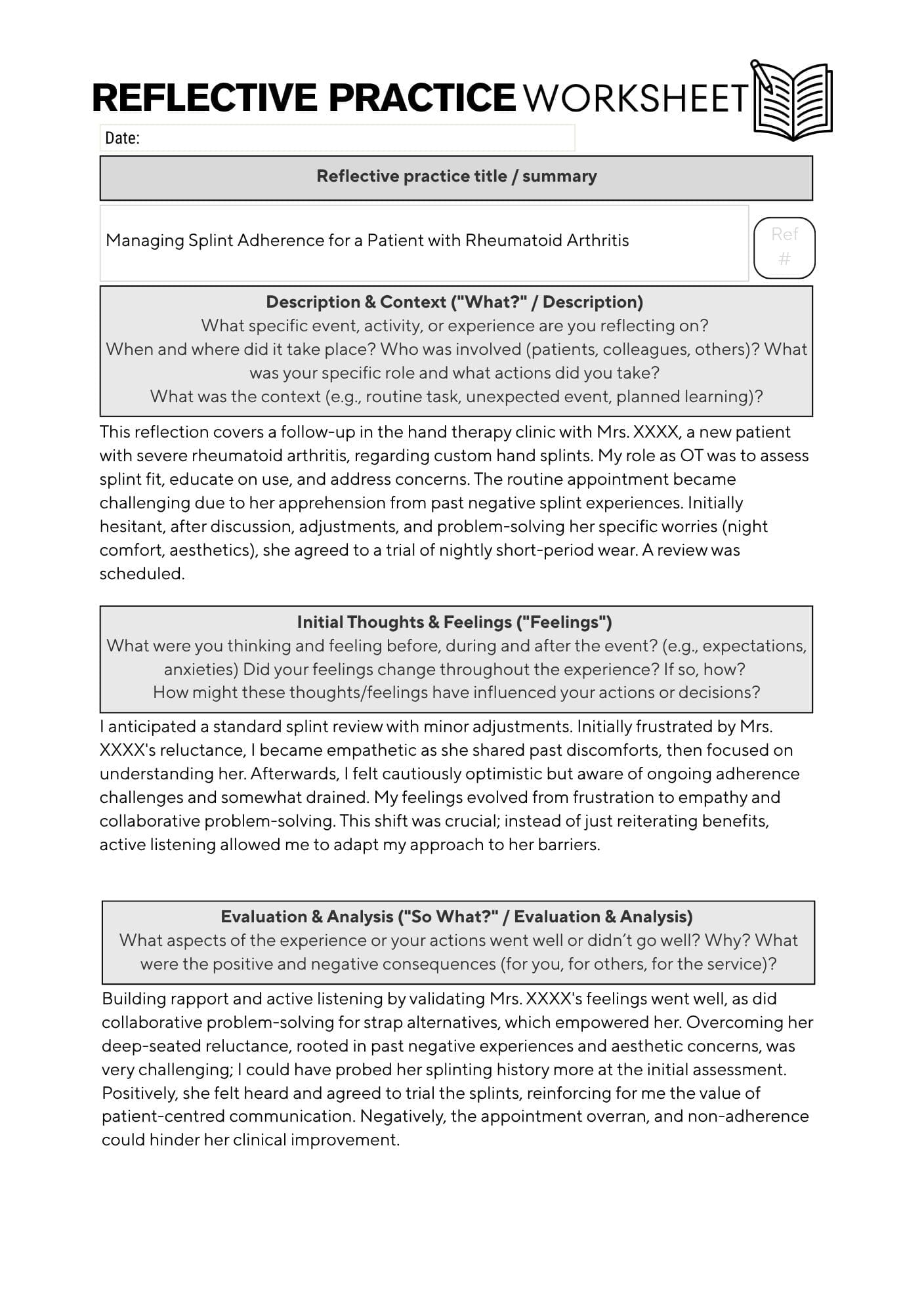 An example page from the Mock Answers section of the portfolio showing clear prompts for 'What?', 'So What?', and 'Now What?', with concise, typed answers for the reflective piece - page 1