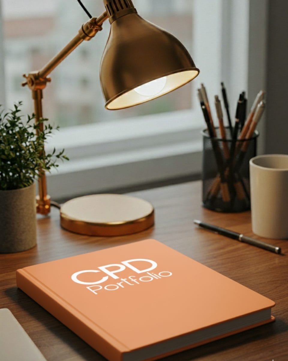 Orange CPD portfolio on a wooden desk.