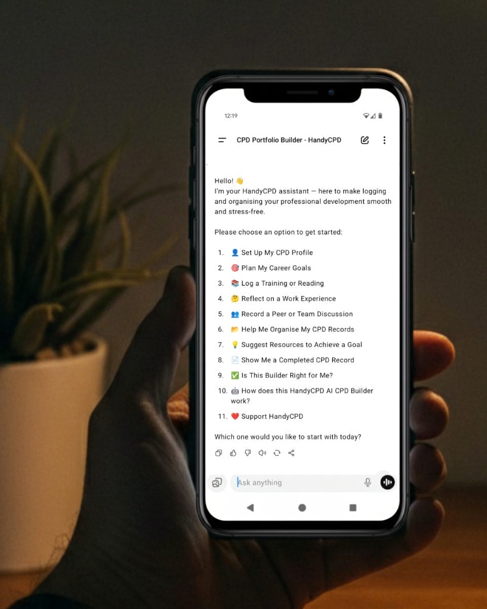 Screenshot of AI CPD Builder interface on a mobile device