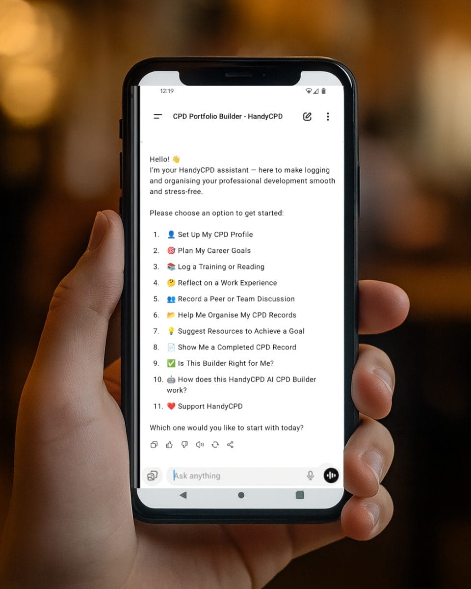Mobile screen displaying HandyCPD assistant options.